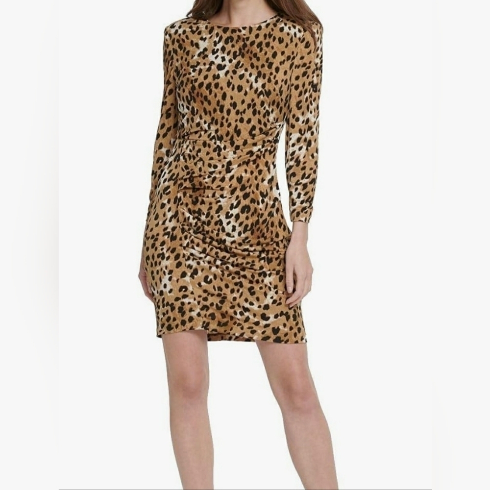 DKNY Animal Print Ruched Front 3/4 Sleeve Dress Figure Hugging